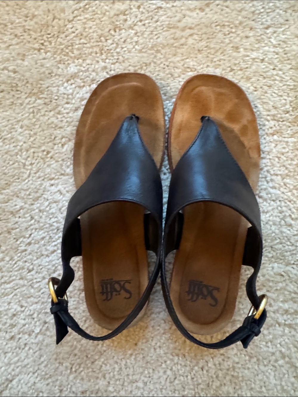 Sofft Black Leather Thong Sandals with Buckle Accent